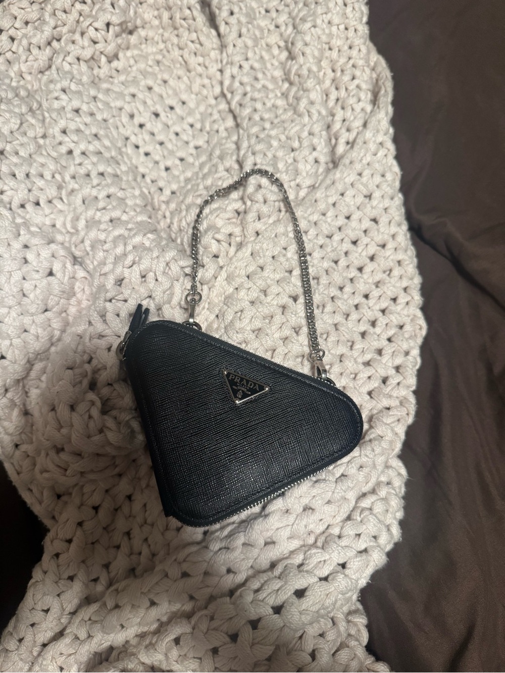 Prada Black Triangle Saffiano Mini Bag with Silver Chain